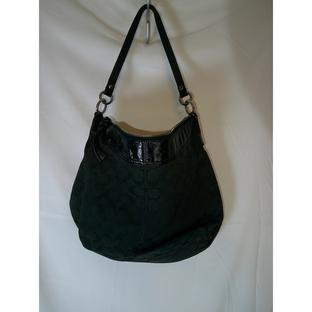 Coach Black Signature C Canvas Patent Leather Trim Hobo Bag D0949-14144